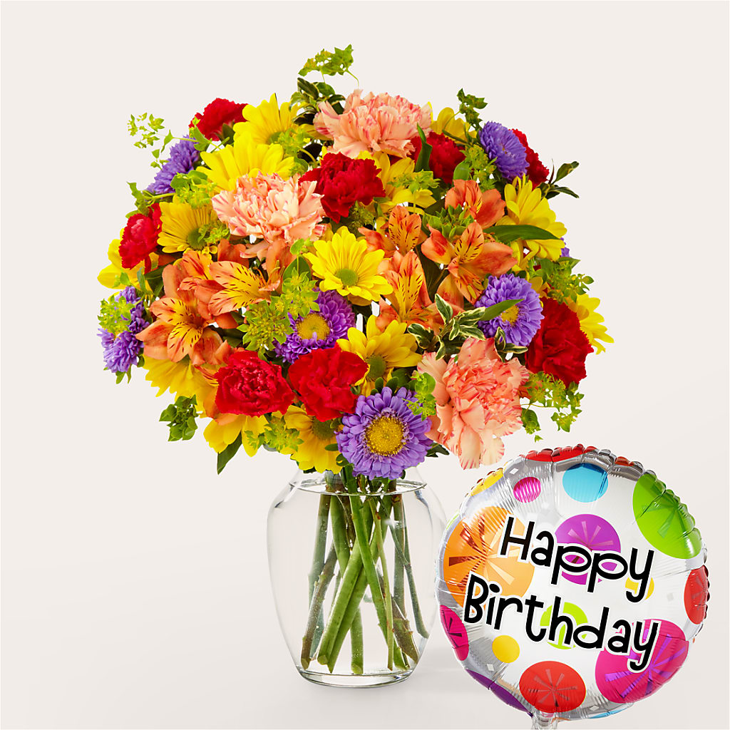 Kaleidoscope Bouquet with Birthday Balloon – Wade Florists Llc, Saint Louis MO