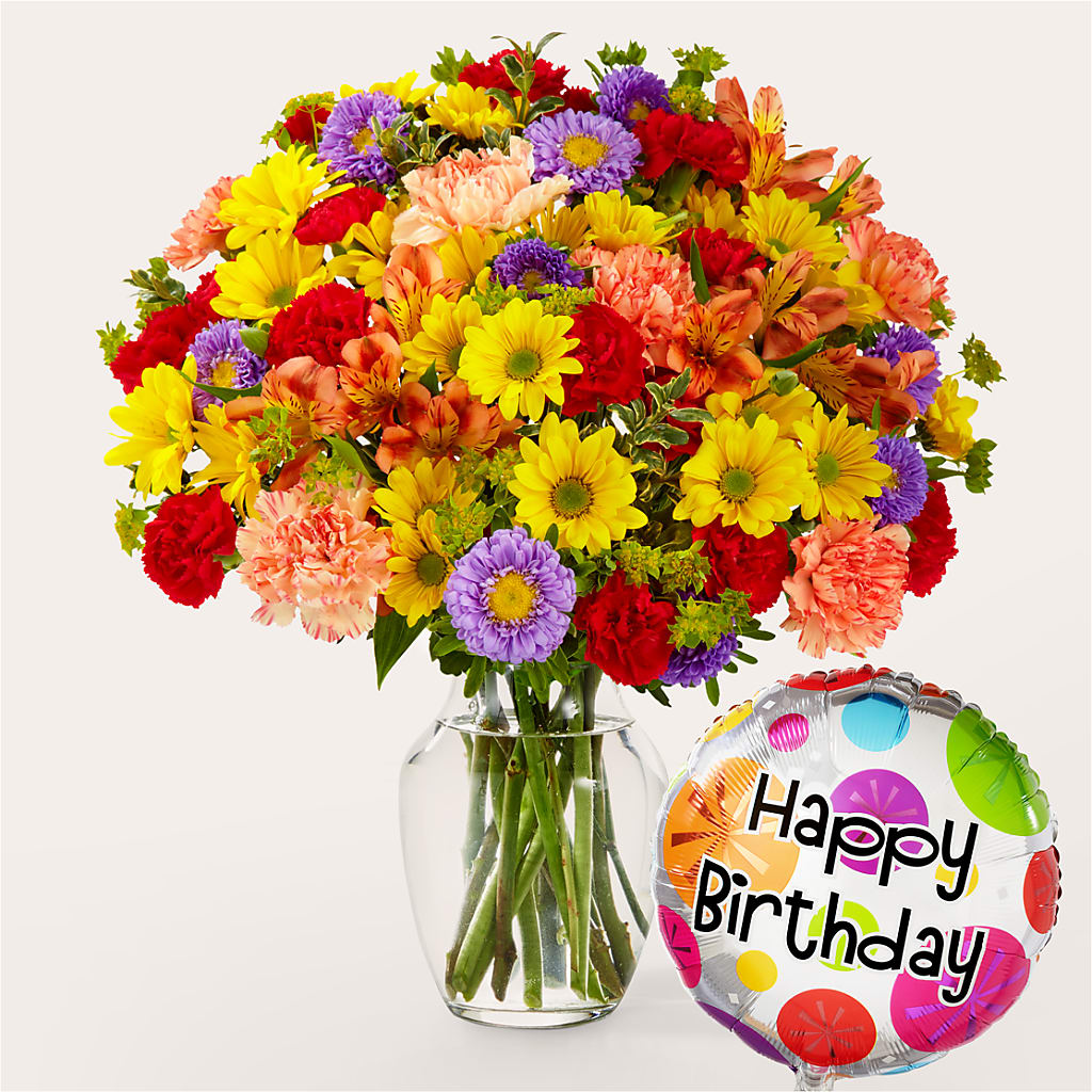 Kaleidoscope Bouquet with Birthday Balloon – Wade Florists Llc, Saint Louis MO