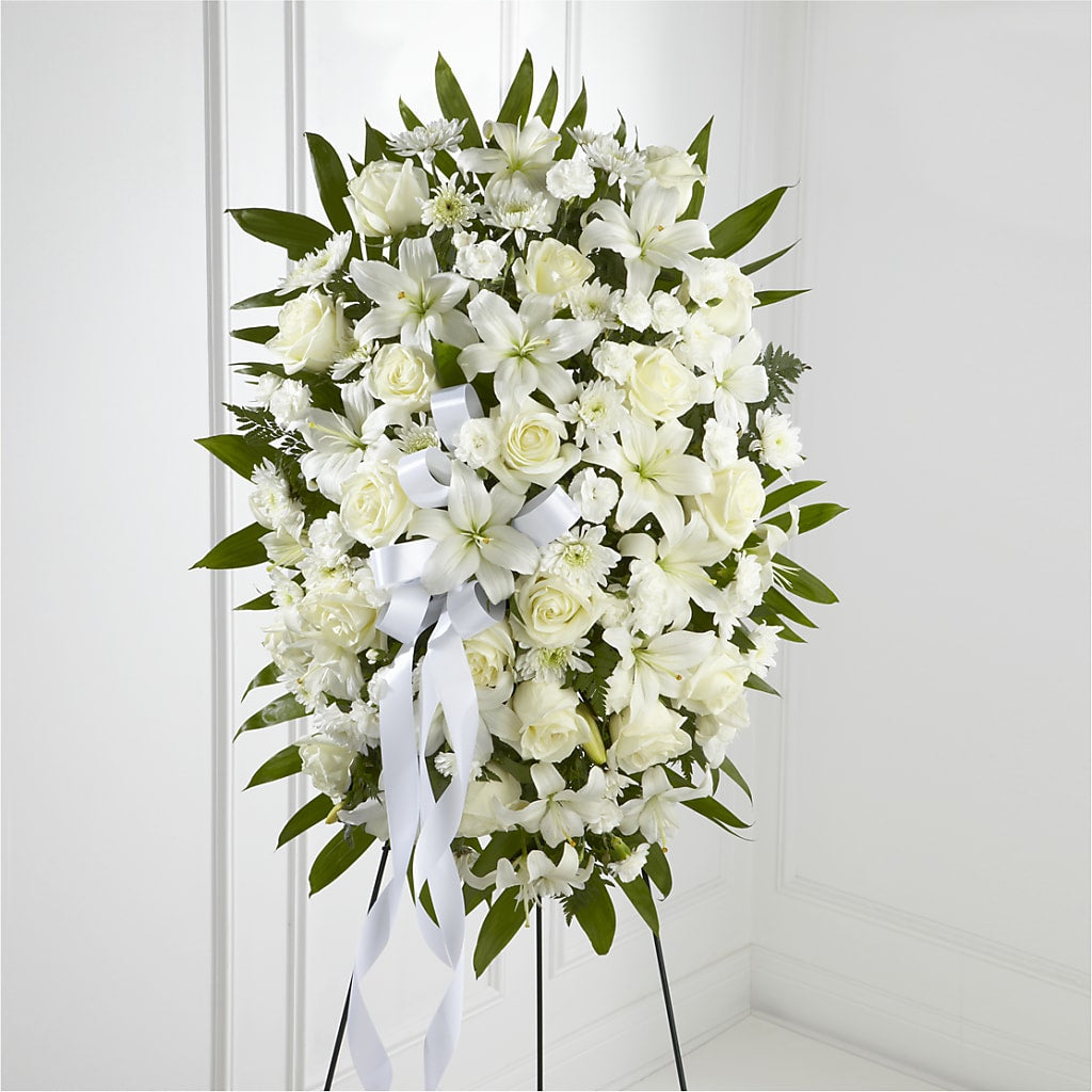 Exquisite Tribute Standing Spray-White Ribbon – Wade Florists Llc, Saint Louis MO