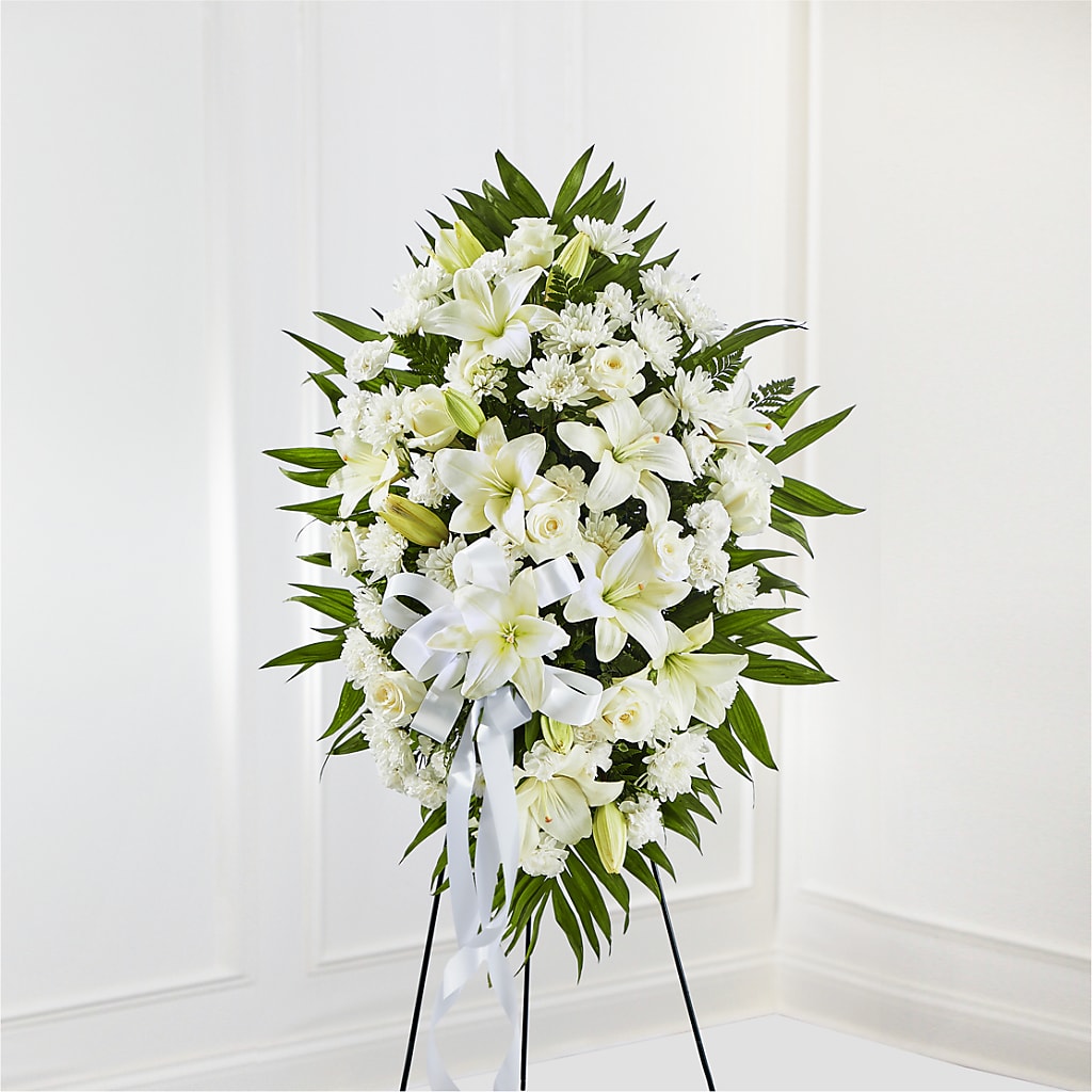 Exquisite Tribute Standing Spray-White Ribbon – Wade Florists Llc, Saint Louis MO